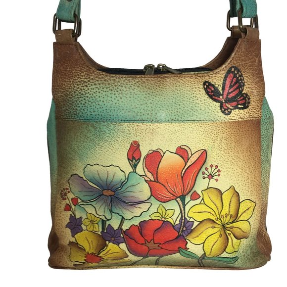 Anuschka NEVER USED Handpainted Leather Shoulder Bag Butterfly Floral - Picture 1 of 15